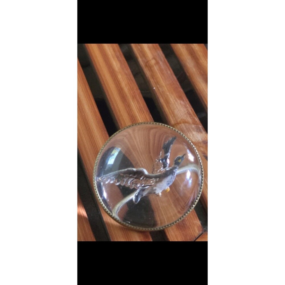 Vntg Mid Century Brass Glass Intaglio Bird Brooch Detailed Duck Motif Hand Made